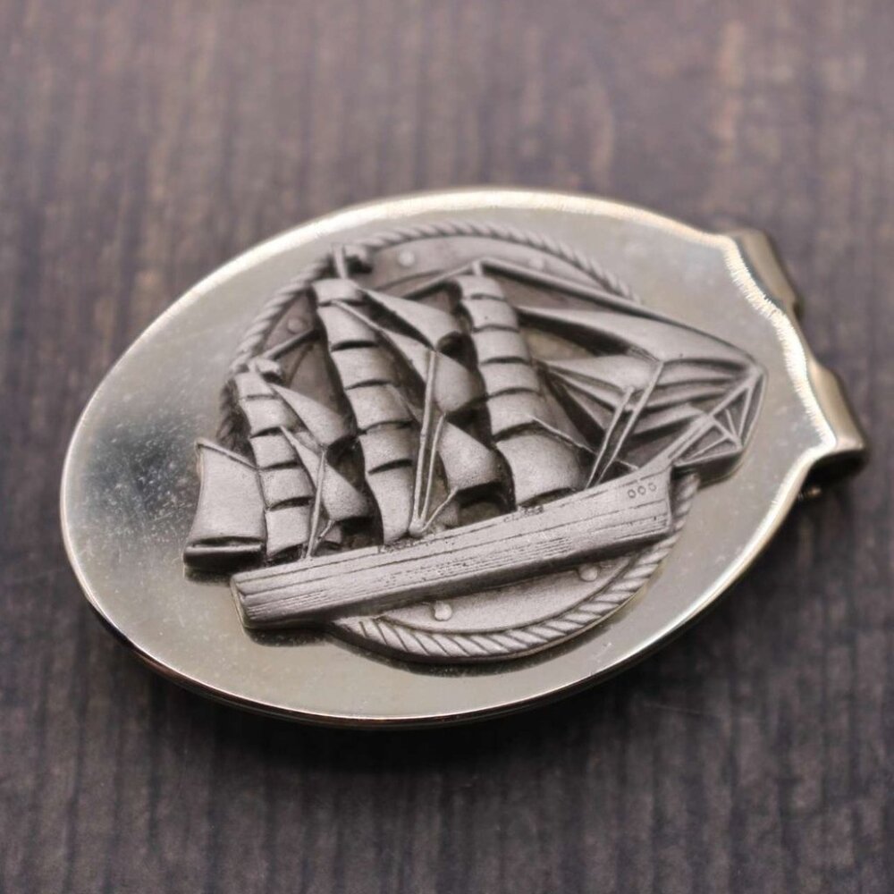 Sailing Ship Money Clip Pocket Metal Nautical Design Silver Tone Unique Vintage